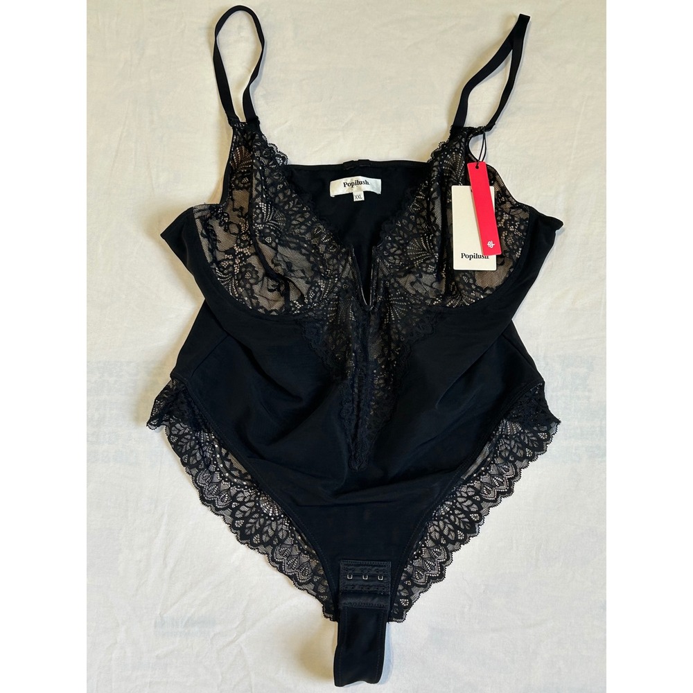 Popilush Lace Trim Shapewear Bodysuit Black XXL Deep V-Neck Thong Back NWT
